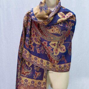 Sparkling Royal Blue and Golden Beige Scarf, Bridal Scarf Holiday winter Shawl